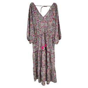 CATO Size XL Floral Maxi Dress‎ Drawstring Tassels Boho Cottagecore Prairie
